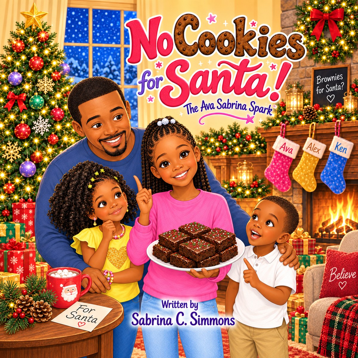 Cover of No Cookies for Santa! by Sabrina C. Simmons, featuring Ava Sabrina, Alex, Ken, and KC with brownies in a festive Christmas setting
